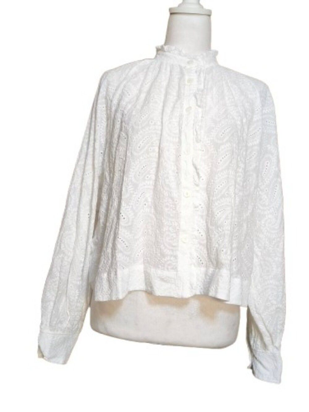 FRNCH Paris White Embroidered Eyelet Cotton Blouse Size L Coastal Cottagecore - Picture 7 of 10